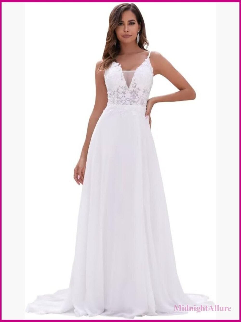 Chiffon Lace Applique V Neck Spaghetti Strap Simple Bridal Gown with Slit